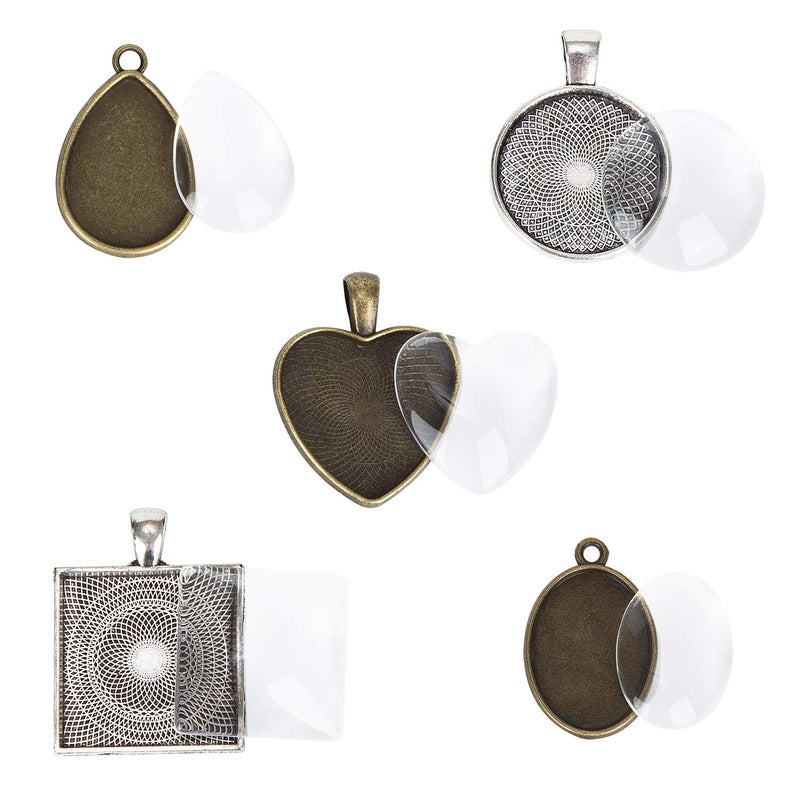 HOMEIDOL 60 Pieces 5 Styles Pendant Trays 30pcs Round & Square & Heart & Teardrop & Oval and 30pcs Bright Glass Cabochon Dome Tiles for Crafting DIY Jewelry Gift Making - Image 3